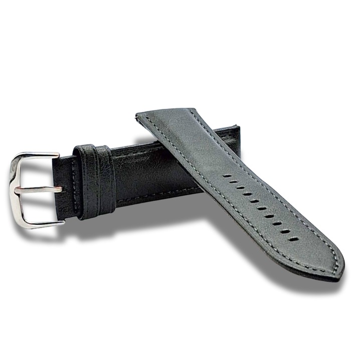 Curea Ceas Piele Neagra 20 mm Catarama Clasica Argintie Prevazuta cu Telescoape Rapide