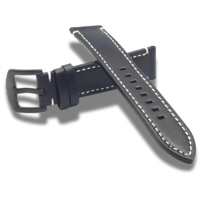 Curea Ceas Piele Neagra Bovina pe Ambele Fete Cusatura Alba Catarama Robusta Culoare Neagra Latime Anse 22 mm