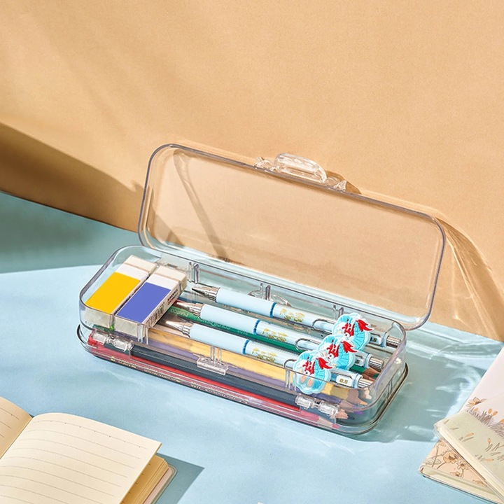 Cutie dubla pentru creioane YANYXR, organizator transparent, 21x8x4cm