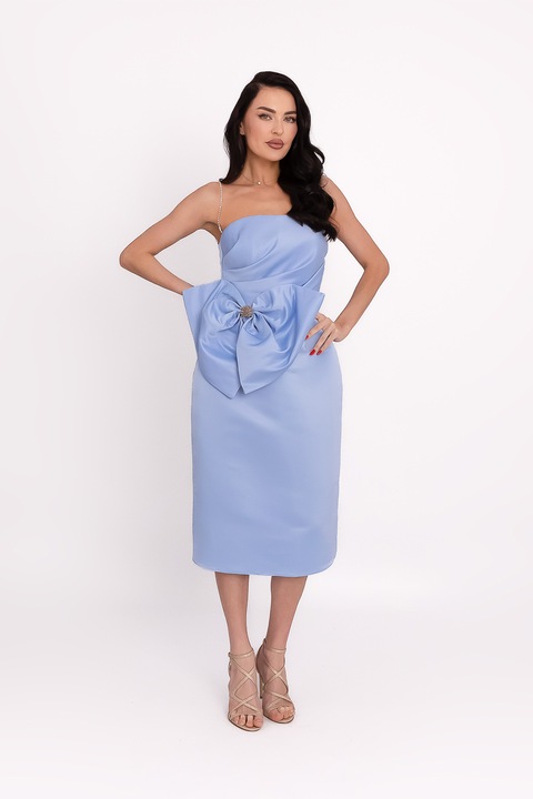 Acob à porter, Rochie din satin cu aplicatie funda supradimensionata, Albastru deschis