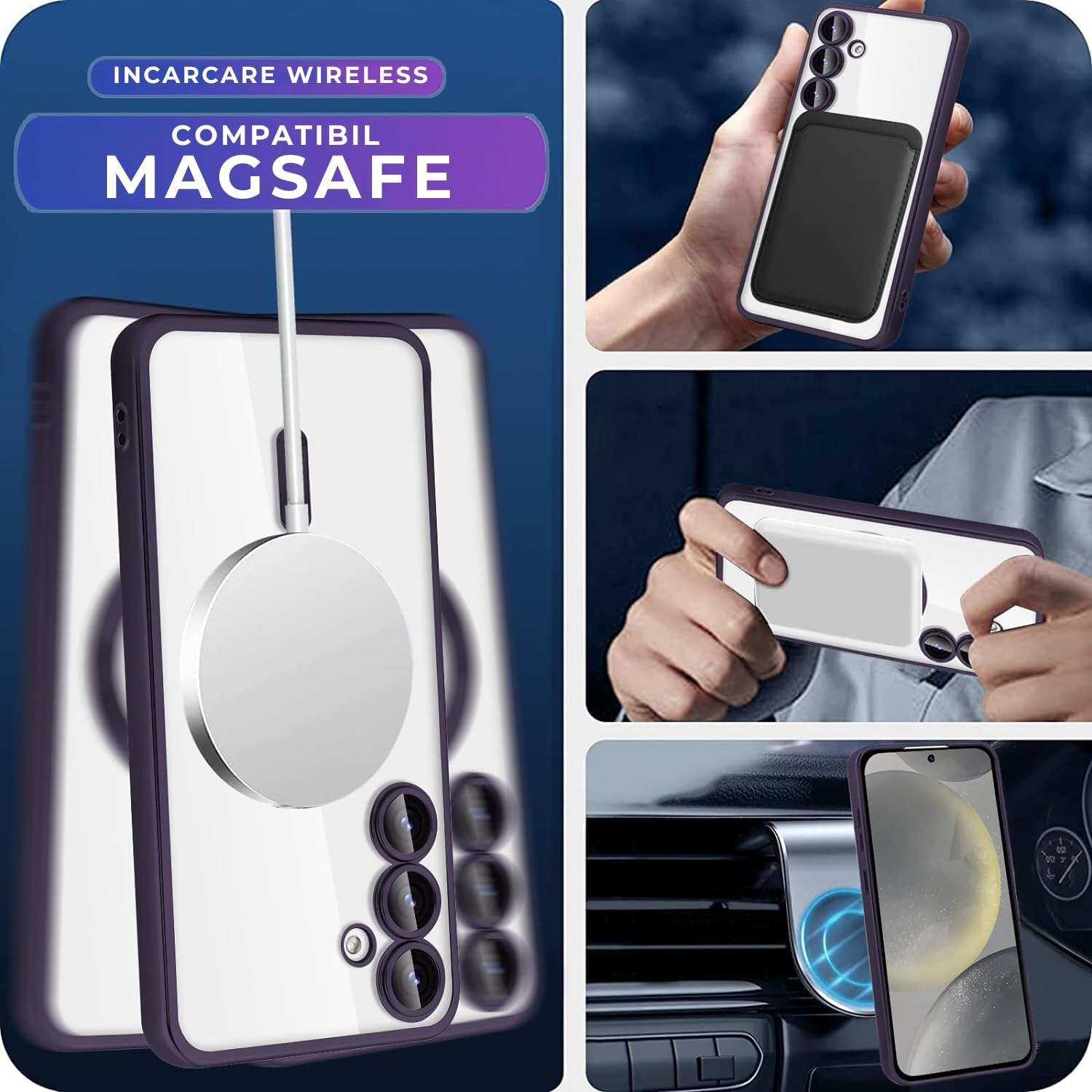 Husa pentru Samsung Galaxy A56 5G DaDen® MagSafe Luxury compatibil cu protectie camera, Ultra Protectie, Transparent cu margini albastre