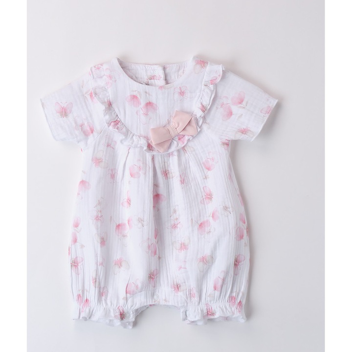 Minibanda, Rövid, pillangómintás jumpsuit kislánynak, fehér, rózsaszín