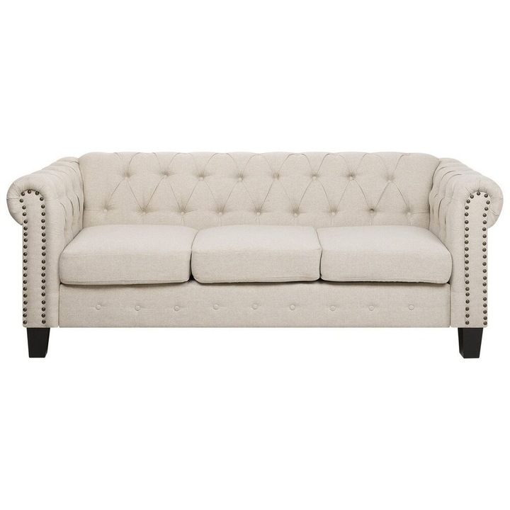 Canapea cu 3 locuri cu tinte metalice din tesatura bej Chesterfield