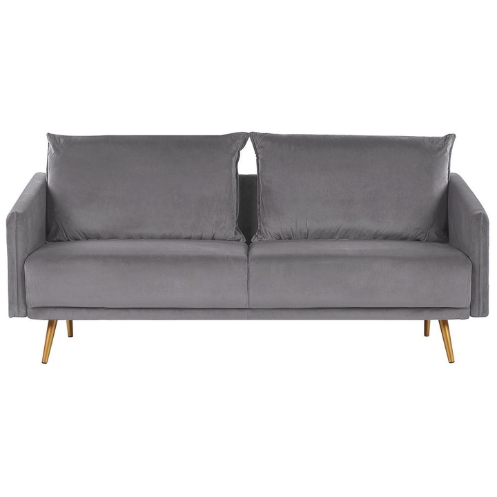 Canapea cu 3 locuri din catifea gri si aurie Maura