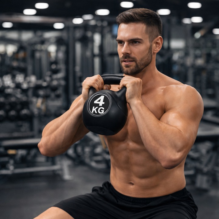 Gantera idealSTORE 4 kg, Material Exterior Plastic cu Umplutura de Ciment, pentru Profesionisti si Amatori, Maner Ergonomic, Antrenamente de Forta, Echilibru si Mentinere, Forma Unica - Kettlebell, Antreneaza Partile Profunde ale Corpului