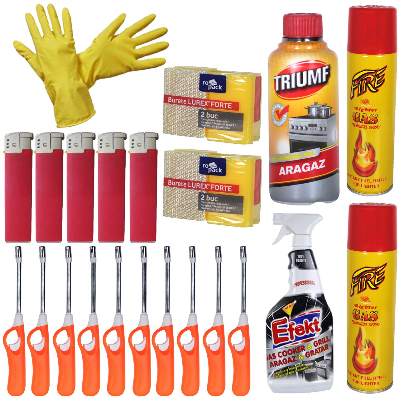 Pachet - 10 x Bricheta cu prelungitor flexibil + 5 x Bricheta mata rosie + 2 x Tub de gaz, 270ml + 4 x Burete vase + Manusi din cauciuc pentru menaj + Efekt aragaz, 750ml + Triumf aragaz, 375ml