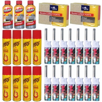 Pachet - 14 x Aprinzator reincarcabil cu prelungitor pentru aragaz + 8 x Tub de gaz pentru bricheta, 270ml + 3 x Solutie Triumf pentru aragaz, 375ml + 2 x Set Bureti de vase, 2buc/set Pachet - 14 x Aprinzator reincarcabil cu prelungitor pentru aragaz + 8 x Tub de gaz pentru bricheta, 270ml + 3 x Solutie Triumf pentru aragaz, 375ml + 2 x Set Bureti de vase, 2buc/set