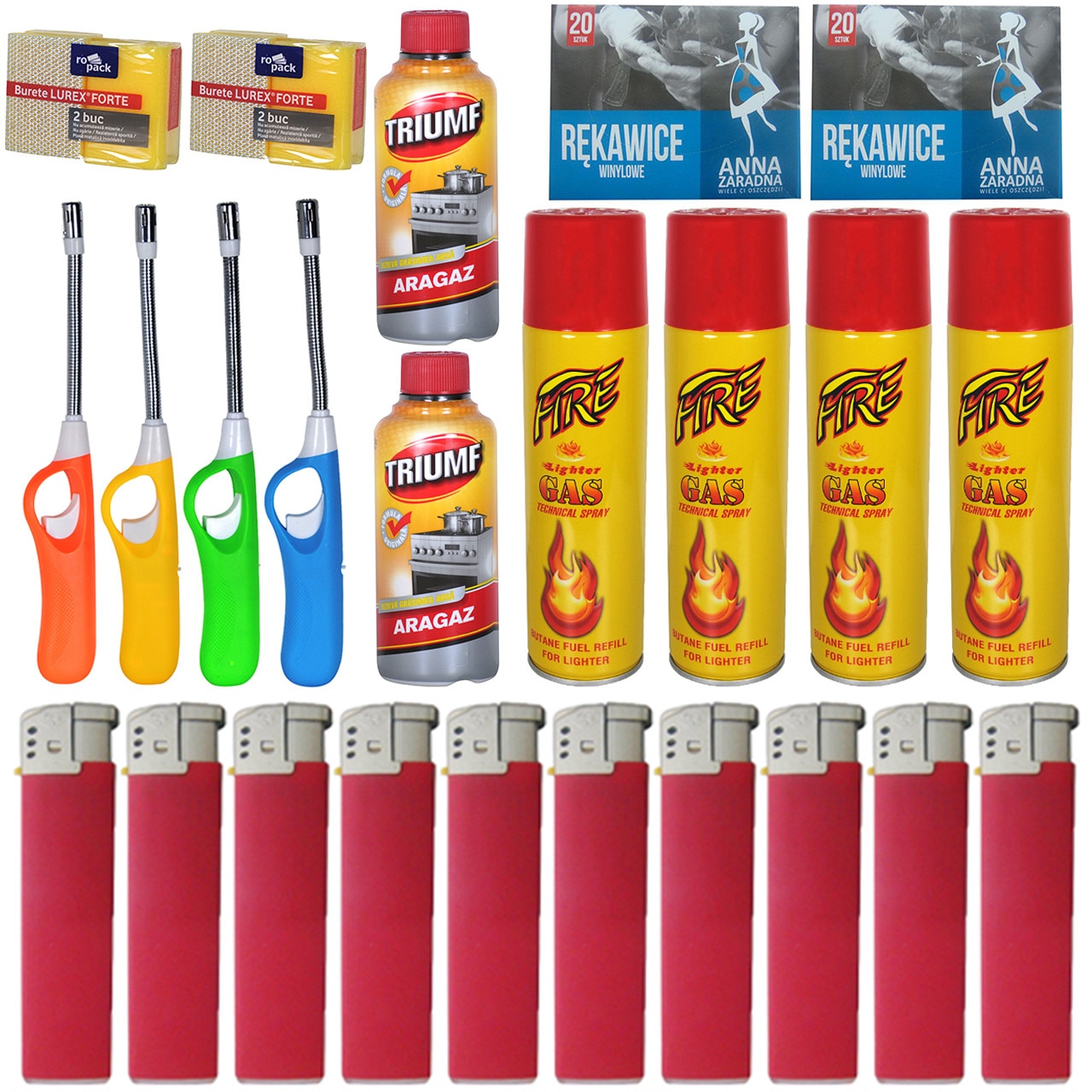 Pachet - 10 x Bricheta rosie + 4 x Bricheta cu prelungitor flexibil pentru aragaz + 2 x Solutie aragaz, Triumf, 375ml + 4 x Tub de gaz, 270ml + 2 x Set Bureti de vase, 2buc/set + 2 x Cutie manusi vinil, 20 perechi/cutie