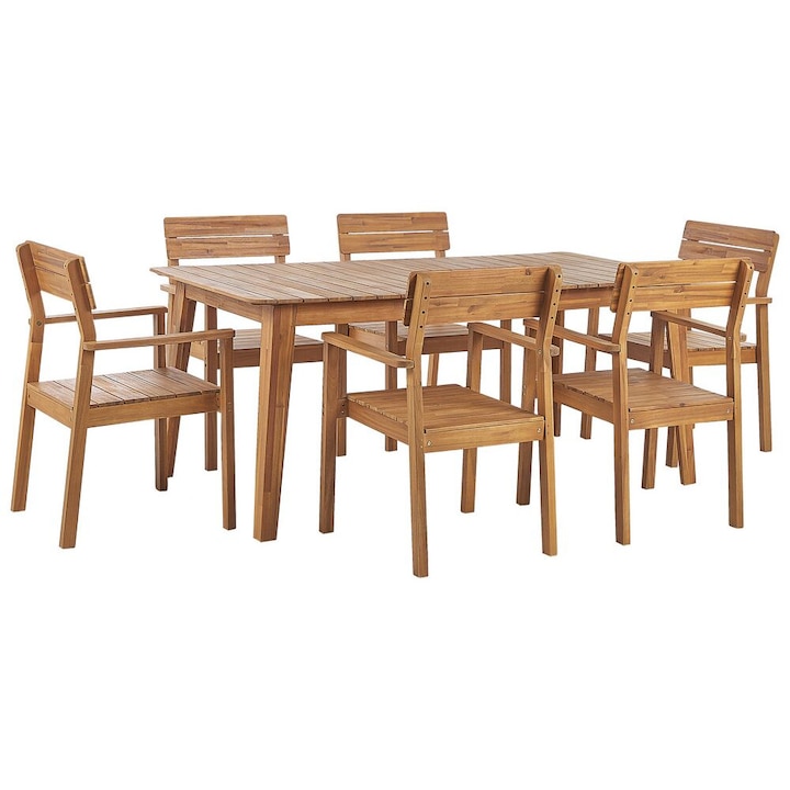 Masa de gradina si set de 6 scaune din lemn de salcam deschis Fornelli