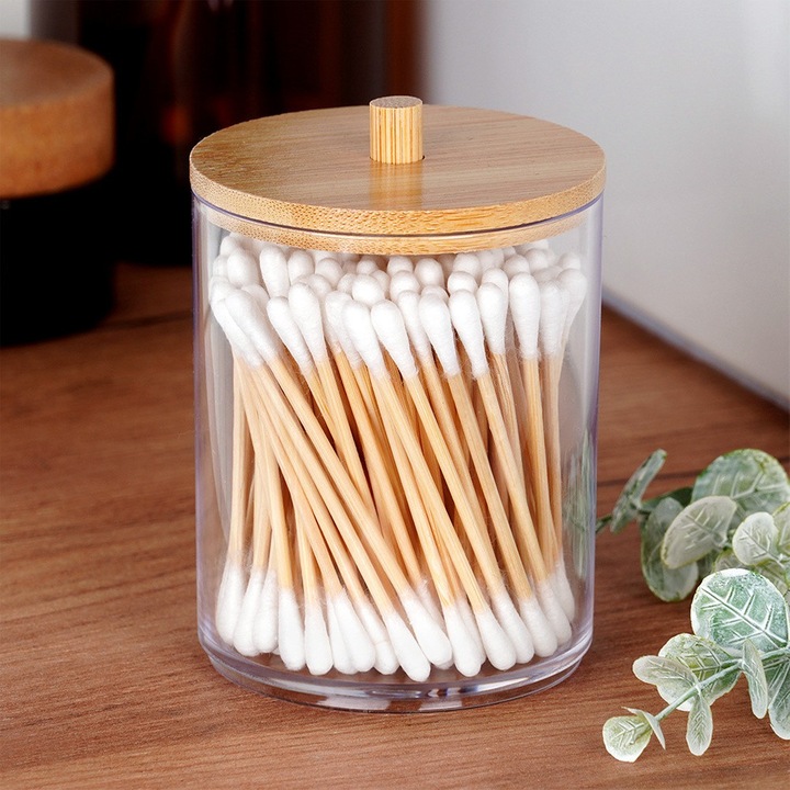 Set De Recipiente Pentru Betisoare Si Dischete Cosmetice, Vilde, Acril Transparent, 2 Bucati, Dimensiuni 7x10 cm Si 7x18 cm, Cu Capace Din Bambus, Depozitare Igienica, Functie De Dozare