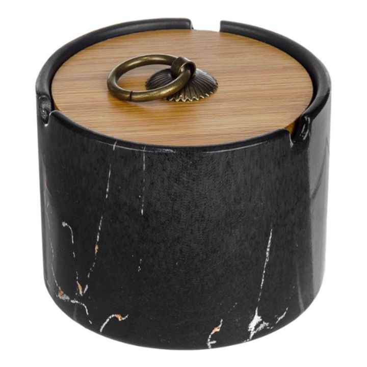 Hengeres hamutartó, fekete márvány mintás kerámia bambusz tetővel 10x7cm