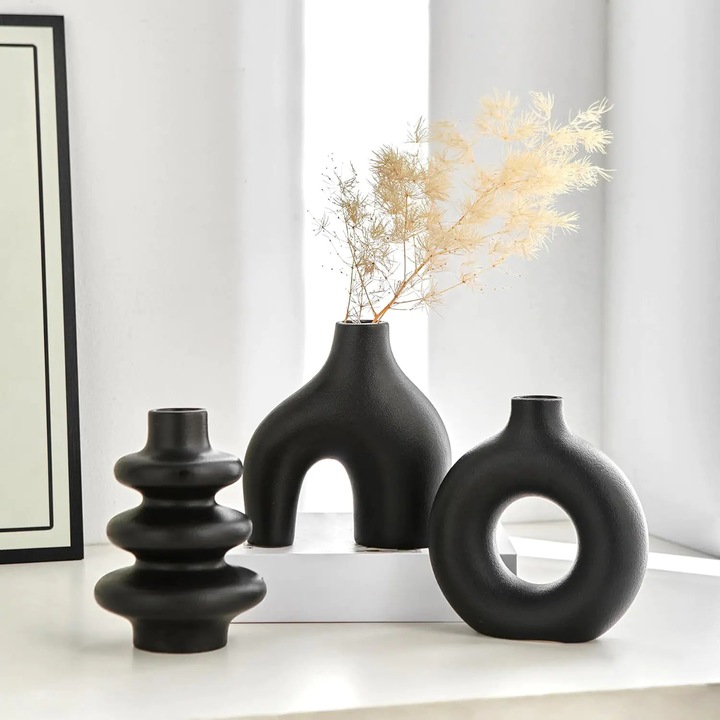 Set 3 Vaze Ceramica Elindor® Design Modern Boho pentru Decor Interior, Potrivit pentru Dormitor Living Masa Birou sau Evenimente, Decor Elegant cu Finisaj Texturat, Negru
