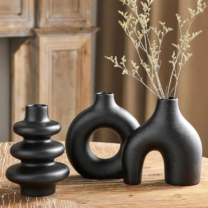 Комплект от 3 керамични вази Elindor Модерен бохо дизайн за интериорен декор, подходящ за спалня, хол, маса, офис или събития, елегантен декор с текстурирано покритие, черен