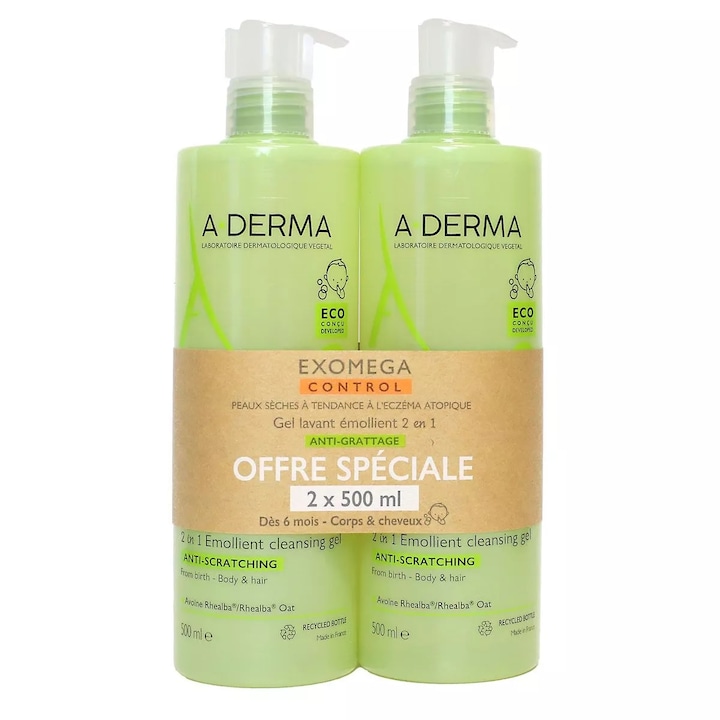 Овлажняващ и деликатен душ гел комплект за деца и бебета, A-Derma Exomega Control, 2 x 500 ml