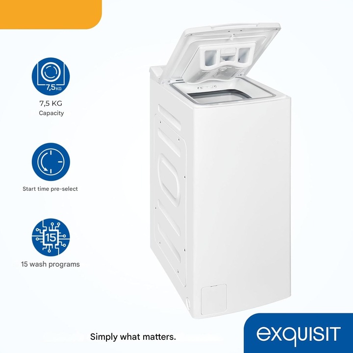 Masina de spalat rufe cu incarcare verticala, Exquisit, capacitate 7.5 kg, 15 programe de spalare, mod abur si autocuratare, 1200 rpm, pornire intarziata, filtru pentru scame, afisaj LED, Child Lock, semnal acustic, design compact, alb
