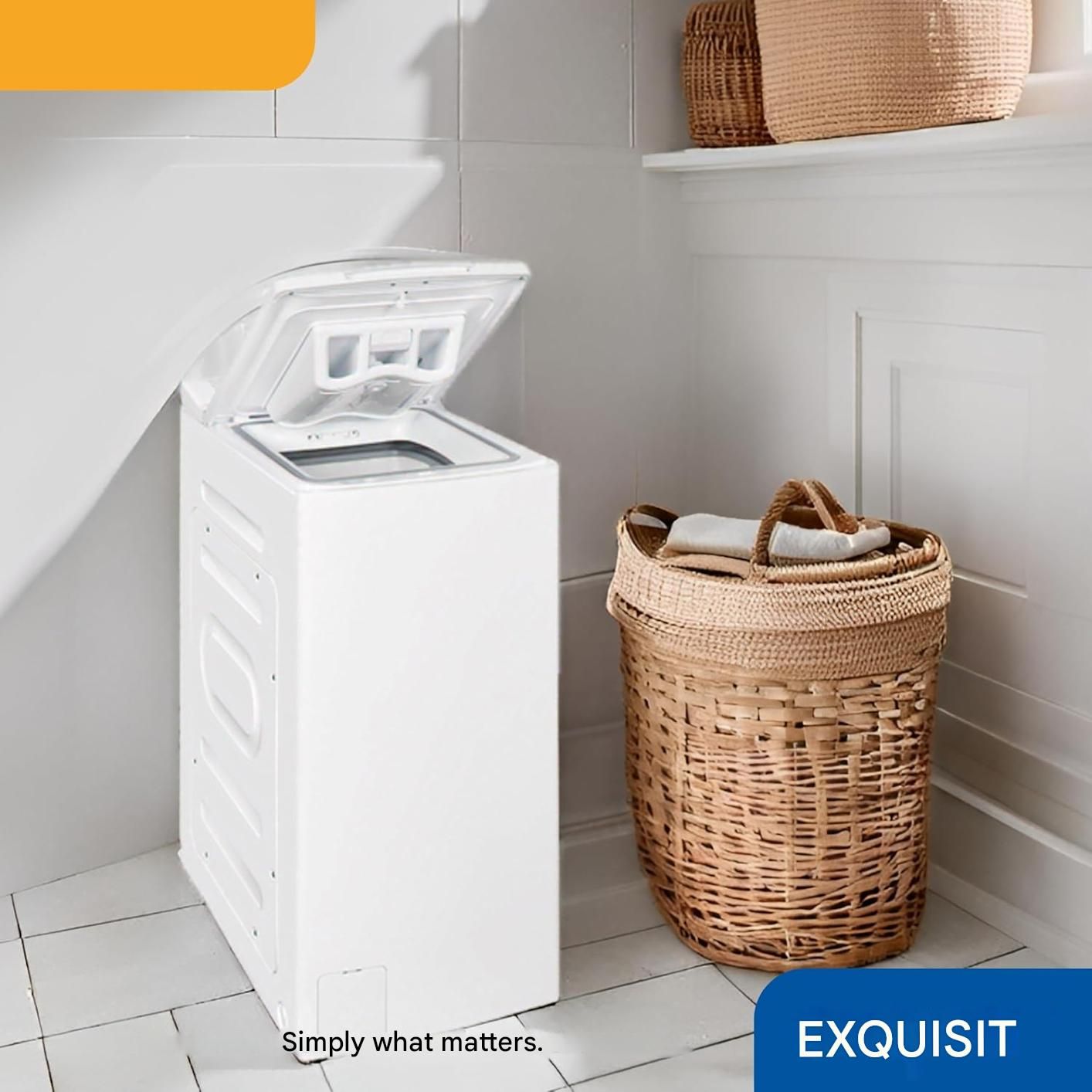 Masina de spalat rufe cu incarcare verticala, Exquisit, capacitate 7.5 kg, 15 programe de spalare, mod abur si autocuratare, 1200 rpm, pornire intarziata, filtru pentru scame, afisaj LED, Child Lock, semnal acustic, design compact, alb
