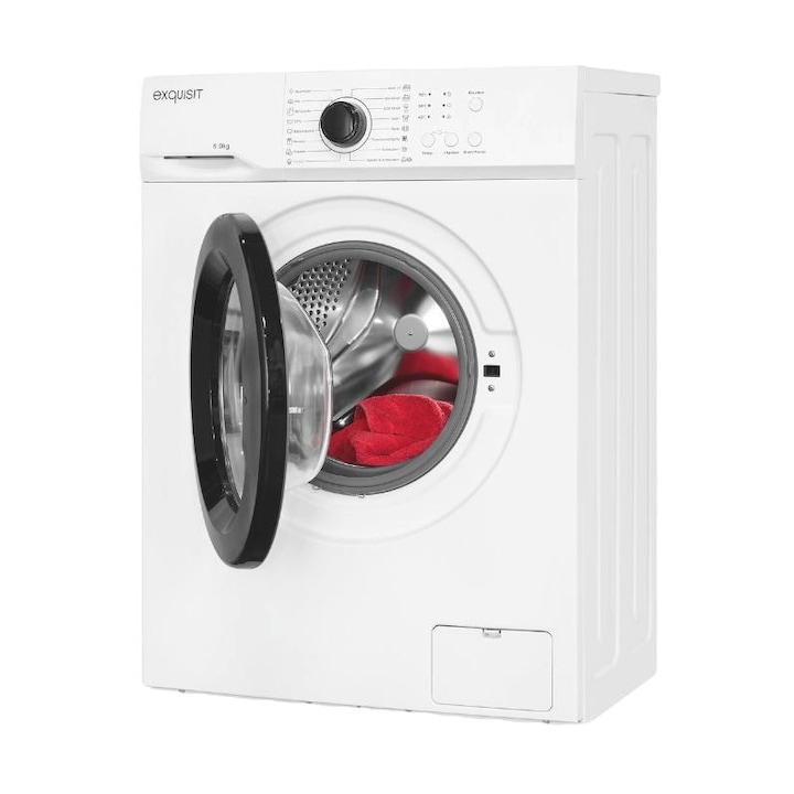 Пералня, Exquisit, капацитет 6 кг, енергиен клас А, 16 програми на пране, 1000 оборота, отложен старт до 24 часа, филтър за мъх, LED дисплей, звуков сигнал, изплакване и допълнително пране, бяла