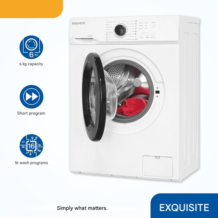 Masina de spalat rufe, Exquisit, capacitate 6 kg, clasa energetica A, 16 programe de spalare, 1000 rpm, pornire intarziata pana la 24 h, filtru pentru scame, afisaj LED, semnal acustic, clatire si spalare suplimentara, alb