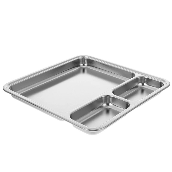Farfurie impartita din otel inoxidabil, durabila, 3 compartimente, argintiu, 25x25cm