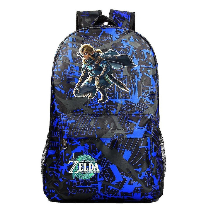 Rucsac unisex, "Tears Of The Game", print Zelda Kingdom, 30x15x44cm, negru/albastru