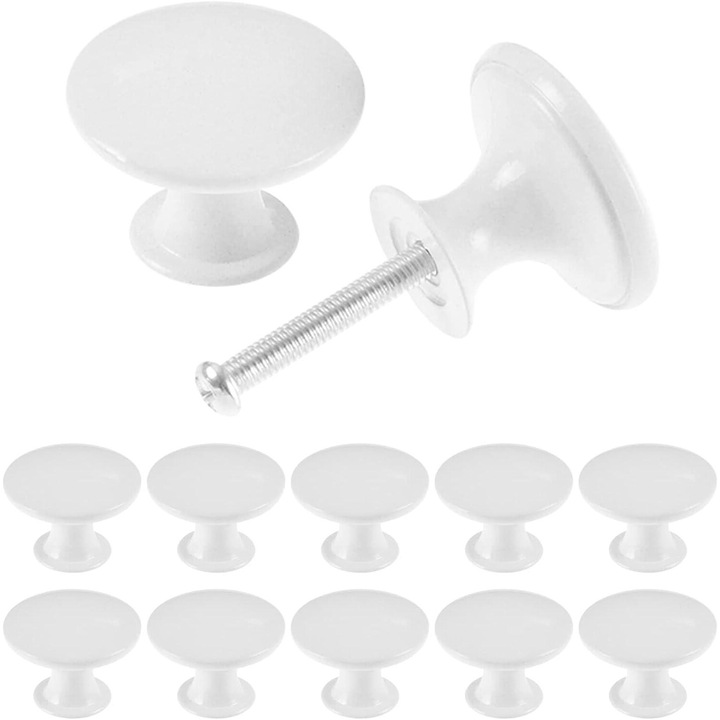 Set 12 Manere Usi Mobilier, stil Vintage 30mm, Alb, Forma Rotunda, Zinc