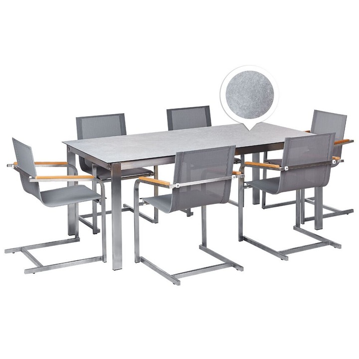 Set de gradina din sticla gri si scaune gri 6 locuri 180 cm Cosoleto
