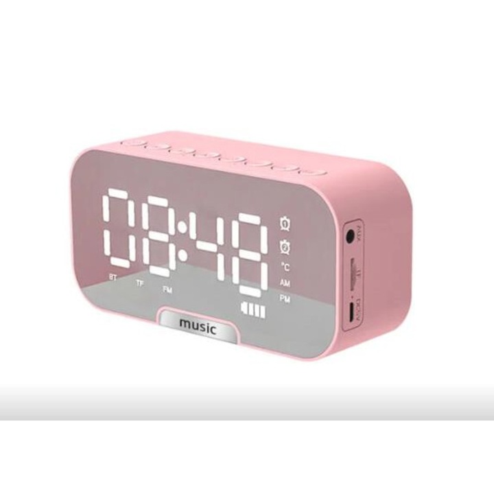 Ceas cu alarma multifunctional 5 in 1, difuzor Bluetooth, radio FM, suport telefon, reincarcabil, roz, 13.9x6.8x4.5cm