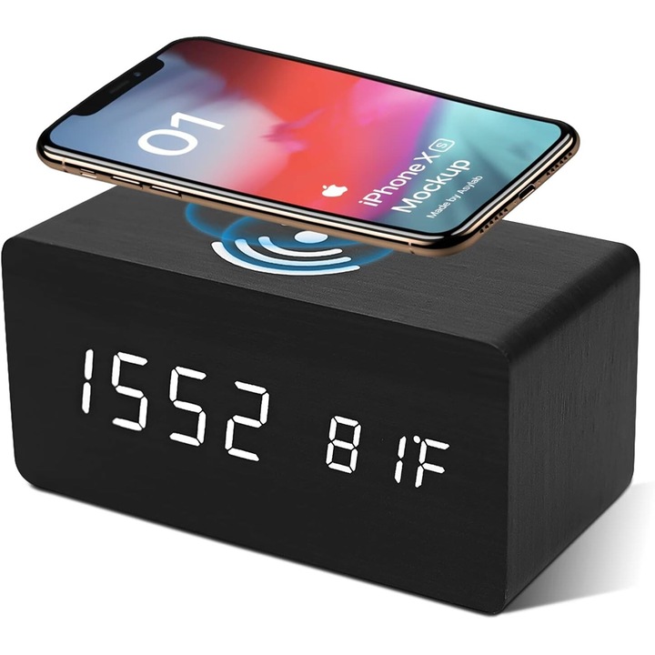 Ceas desteptator digital multifunctional cu incarcare wireless, display temperatura, lemn negru, 160x70x70mm