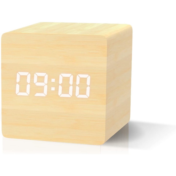 Ceas desteptator digital din lemn, 3 alarme, 4 niveluri de luminozitate, alimentare USB sau cu baterii, 6x6x6cm