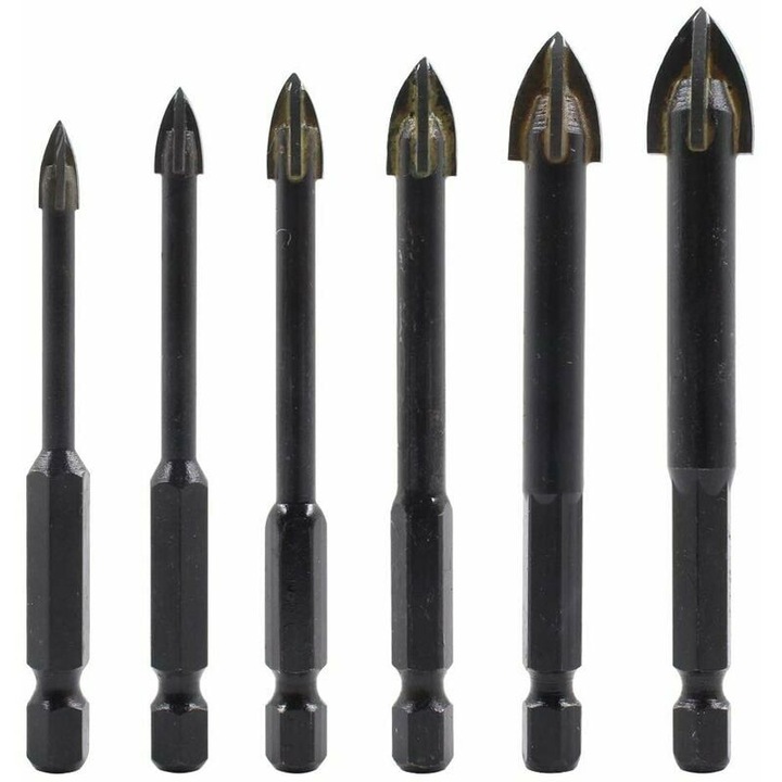 Set de 6 burghie pentru sticla si ceramica, 4-12mm, varf din carbura de tungsten, hex 6.35mm