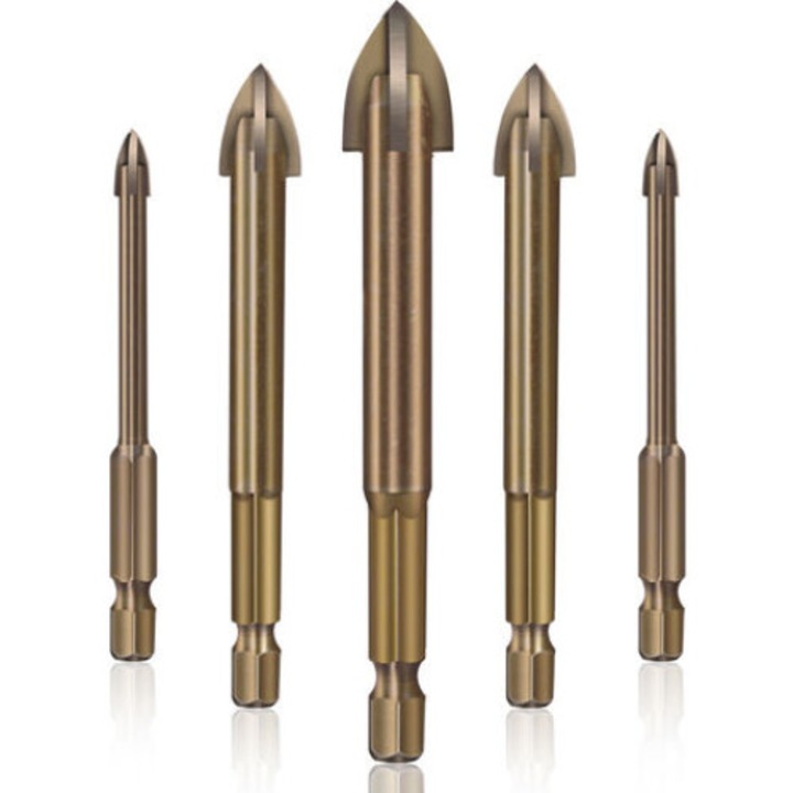 Set burghie pentru gresie si sticla, 5 piese, aliaj dur, dimensiuni 3x70mm, 4x70mm, 5x76mm, 6x77mm, 7x80mm