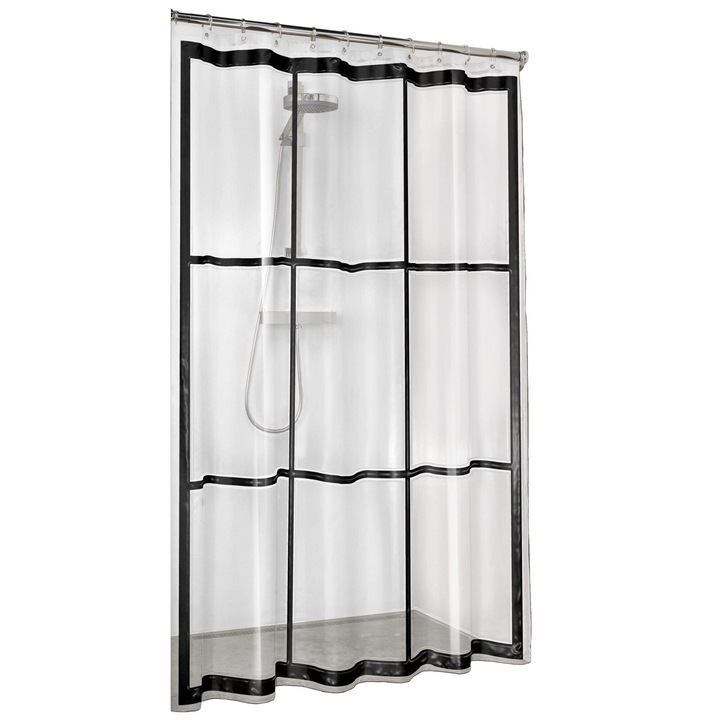 Zuhanyfüggöny, átlátszó/fekete, 180x200 cm, vízálló, elegáns stílus, geometrikus mintázat
