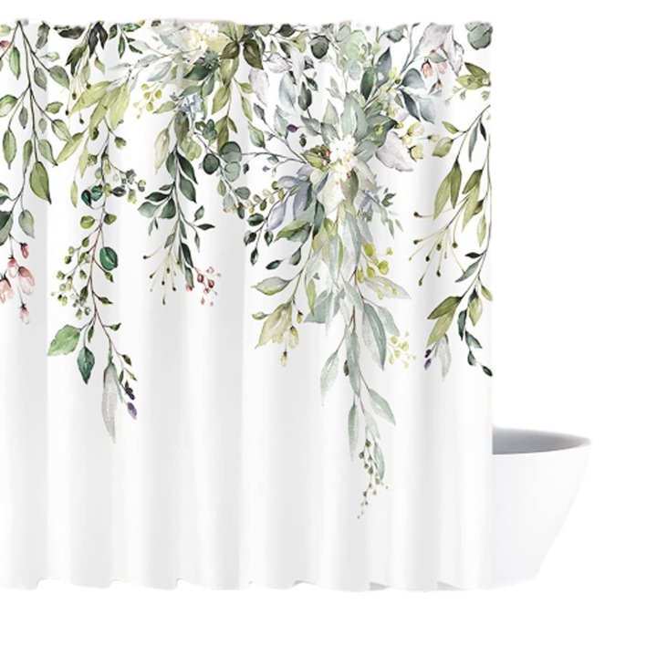 Cortina de dus verde eucalipt cu frunze botanice acquerelate, set cu 12 carlige, 180x180cm