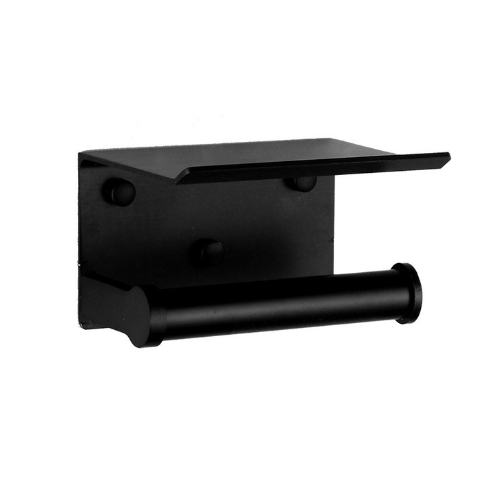 Suport pentru hartie igienica, negru, dimensiuni 12.8x11.2x9.2cm, montare pe perete, fara gaurire