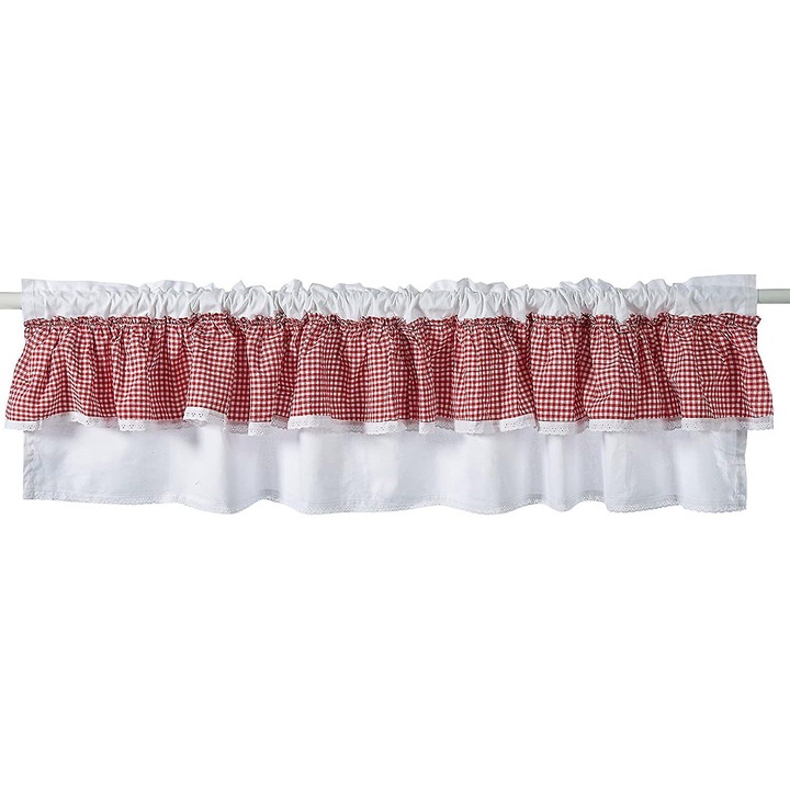 Perdea scurta de bucatarie, carouri rosii si albe, bumbac, 40x150cm, set 1 buc.