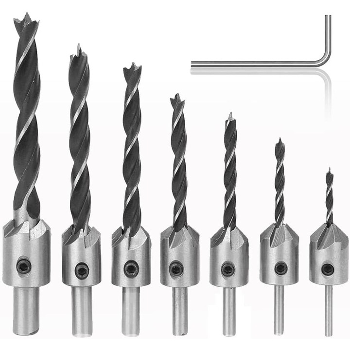 Set de burghie pentru lemn, 7 piese, 3mm-10mm, cu cheie hexagonala