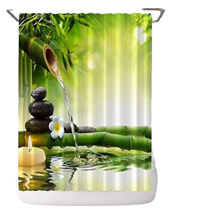 Perdea de dus din poliester impermeabil, 180x180cm, cu 12 carlige, verde bambus, set