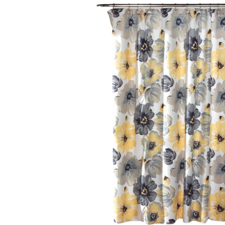 Cortina de dus florala, design cu flori mari, 71"x71", galben/gri