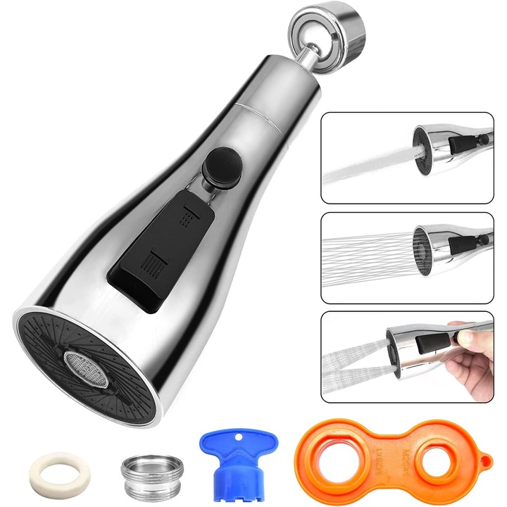 Csaptelep 3 üzemmódú, 360°-ban forgatható, mosogató perlátor, króm, G1/2