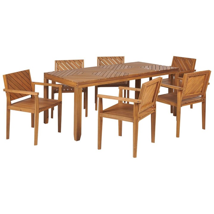 Set de sufragerie cu 6 locuri din lemn de salcam deschis Baratti