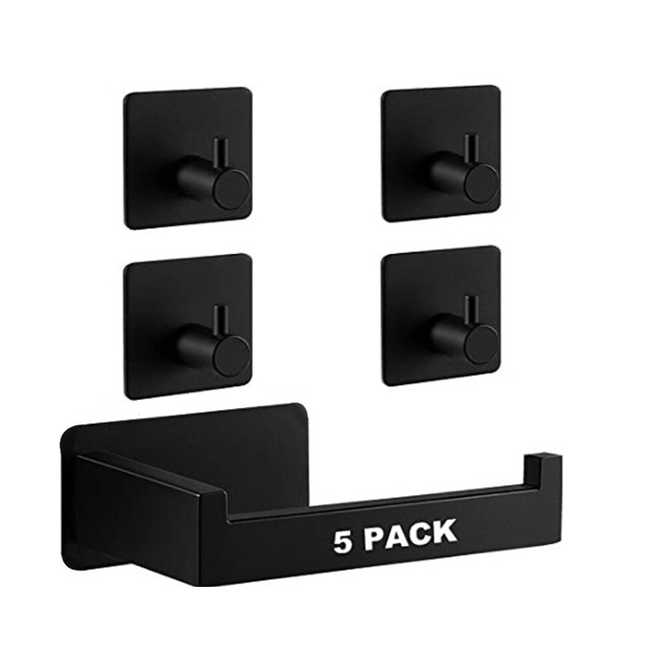 Set 5 suporturi pentru baie, inox, finisaj negru, instalare usoara