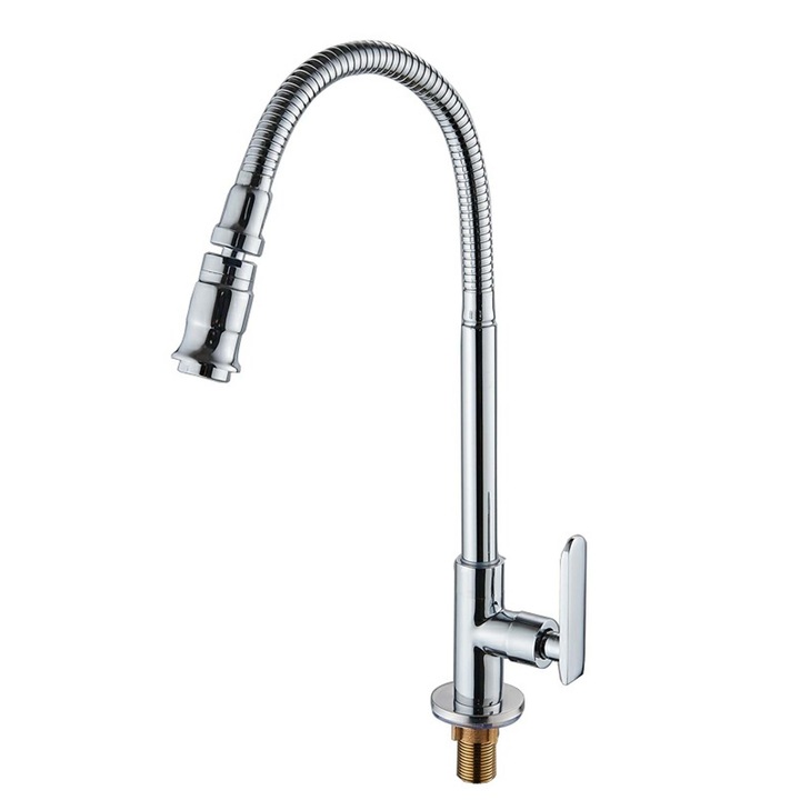 360°-ban forgatható, hideg vizes csaptelep, hajlékony gégecsővel, réz, ezüst színű