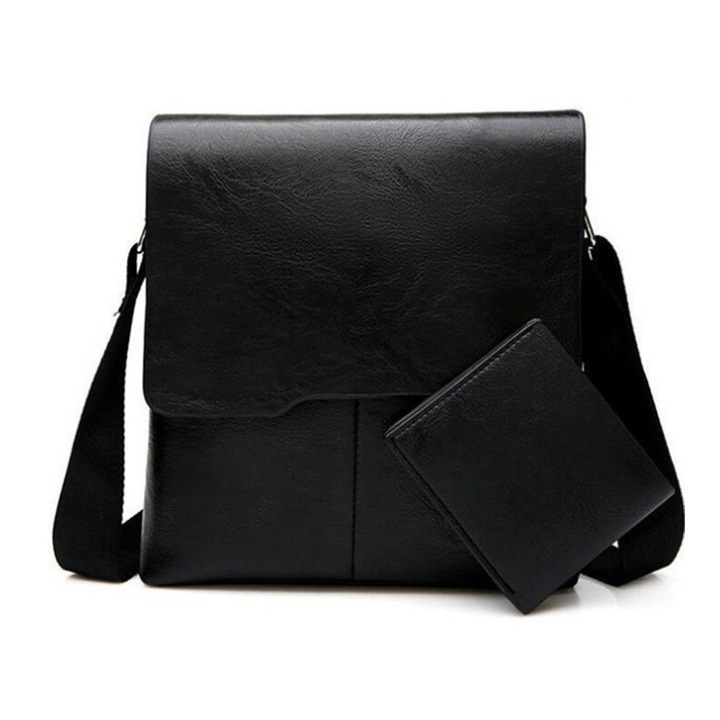 Férfi válltáska, ökobőr, retro stílusú, fekete, rövid pénztárcával