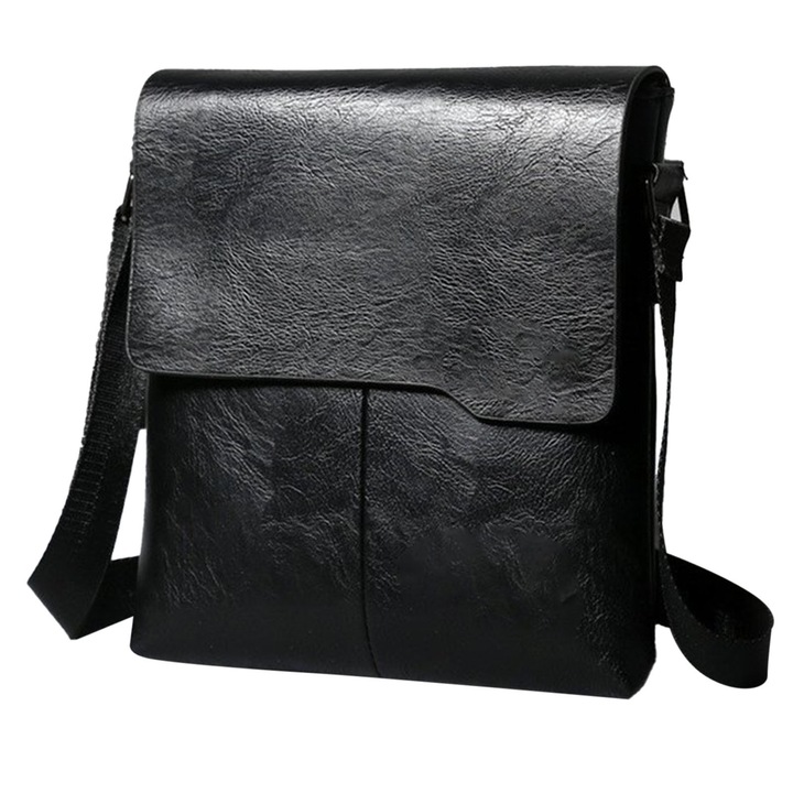 Мъжка чанта за рамо, от екологична кожа/полиестер, черна, 27x24x5см