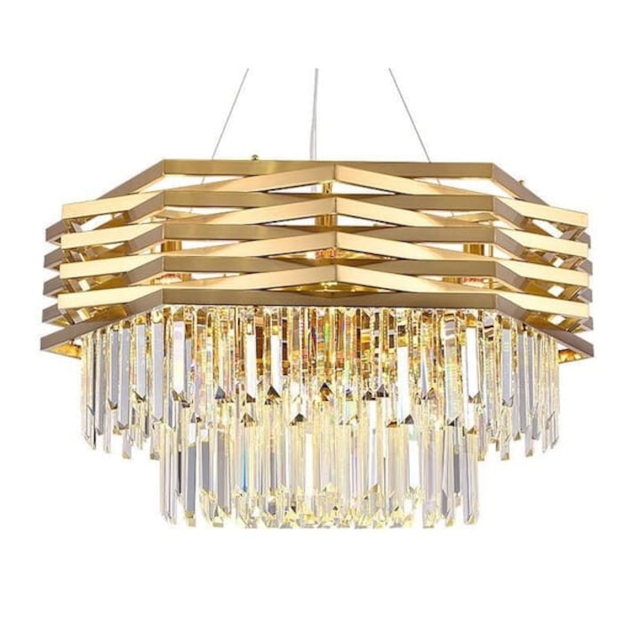 Lustra modern, Simig Lighting, 60cm, metal auriu, sticla transparenta, 9xE14