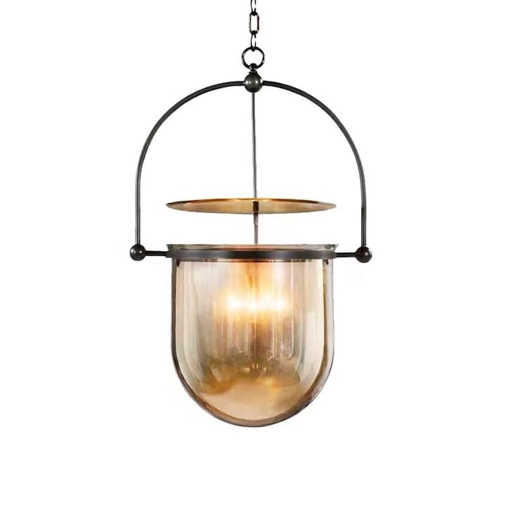 Lustra Simig Lighting Katla, 35cm, sticla amber, metal negru, inaltime reglabila 600-1750mm