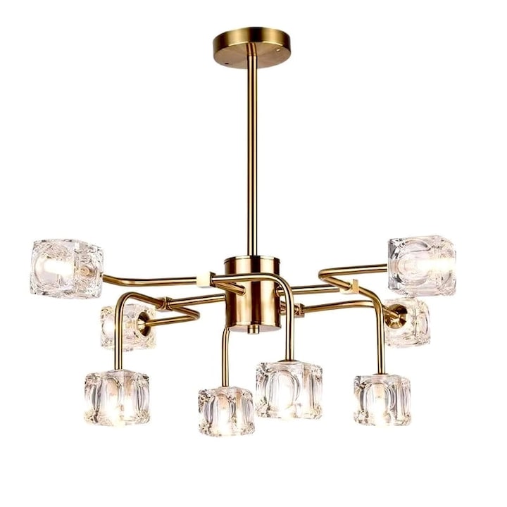 Candelabru Simig Lighting Cubicles 8, 8 brate, metal auriu, sticla transparenta, 650x460mm