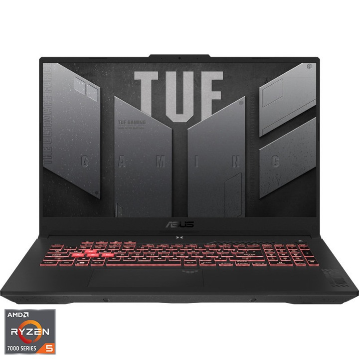 ASUS TUF A17 FA707NU Játékos Laptop AMD Ryzen™ 5 7535HS processzorral, akár 4,55 GHz-ig, 17,3'', Full HD, IPS, 144Hz, 16 GB DDR5 RAM, 512 GB SSD, NVIDIA® GeForce RTX™ 4050 6 GB GDDR6, Operációs rendszer nélkül, Mecha szürke