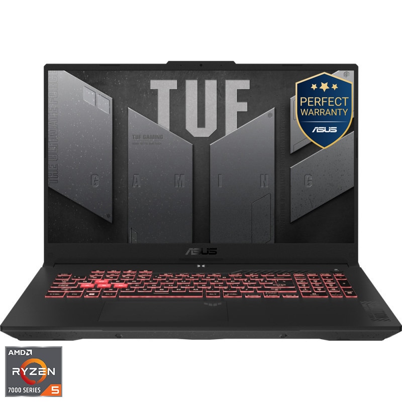 Laptop Gaming ASUS TUF A17 FA707NU cu procesor AMD Ryzen™ 5 7535HS pana la 4.55GHz, 17.3'', Full HD, IPS, 144Hz, 16GB DDR5 RAM, 512GB SSD, NVIDIA® GeForce RTX™ 4050 6GB GDDR6, No O