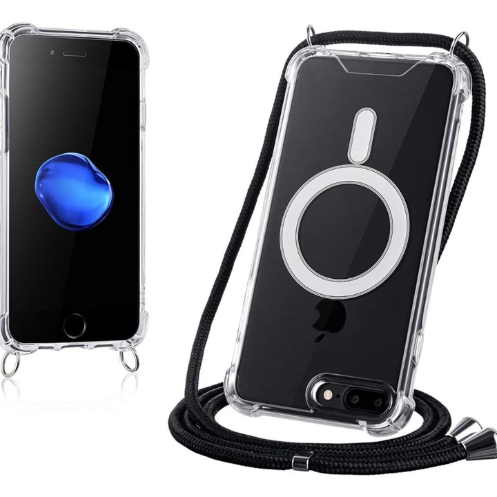 G-Tech Strap tok, Kompatibilis Apple iPhone 17e készülékkel, Állítható nyakpánt, Magsafe Antishock töltés, TPU, Átlátszó/Fekete